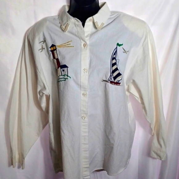 Vintage Jane Ashley Cotton Embroidered Long Sleeve Button Up Size Large - Picture 1 of 7